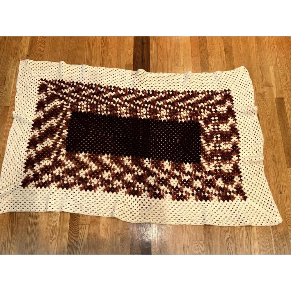 Handmade Afghan Lap Throw Crochet Blanket Brown Cream Variation 61x39 Boho Retro